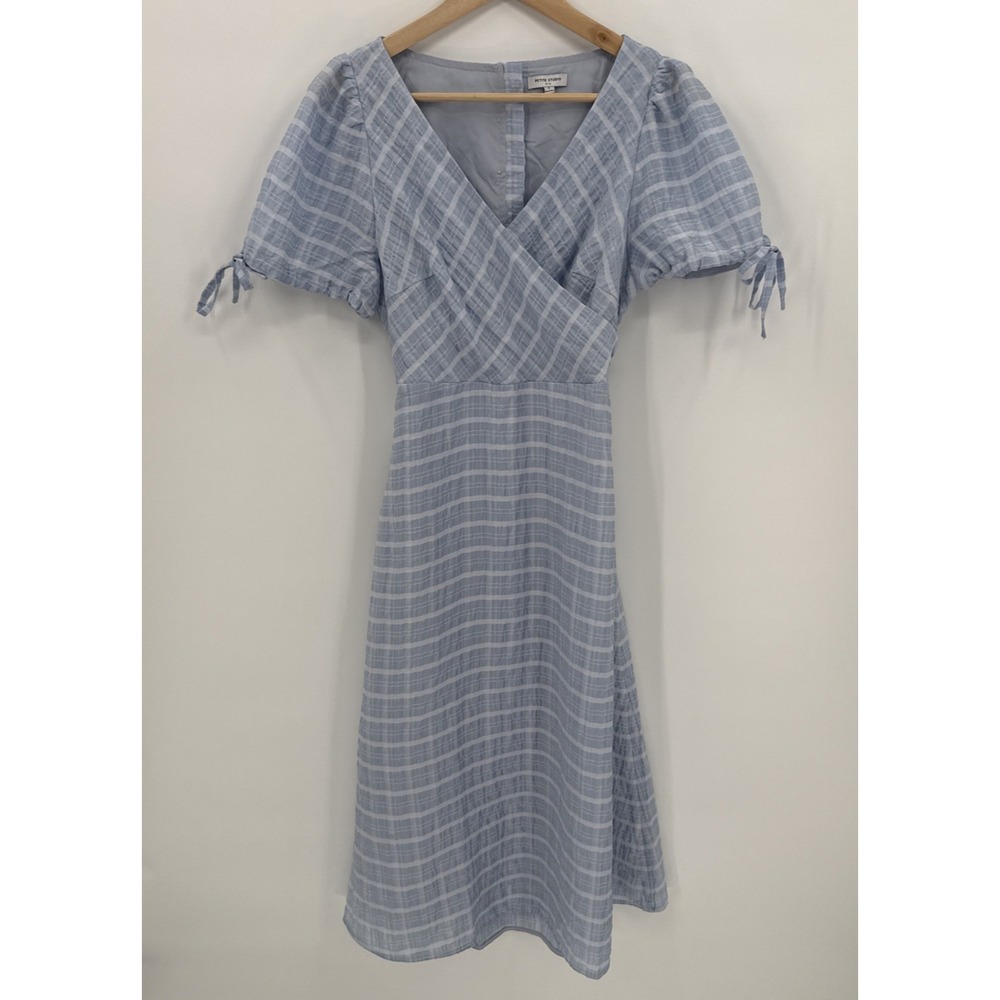 Petite Studio NYC Womens Seesucker Blue Open Back Dress Size Small Cottage